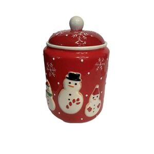 Hallmark Red Snowman Snowflake Ceramic Cookie Jar Treat Canister Lid